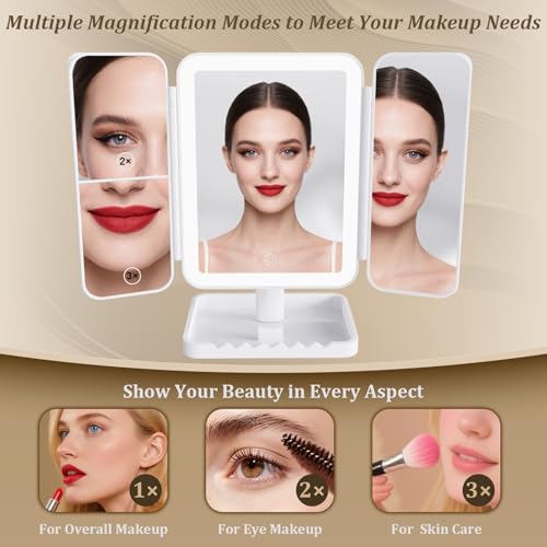 Makeup Mirror Vanity Mirror with Lights, 3 Color Lighting Modes, 1X/2X/3X Magnification, Tri-fold, 360¡Æ Rotation, Phone Holder for Makeup, 2000mAh Rechargeable, Bedroom, Bathroom, (White)