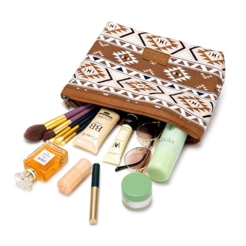 Large Waterproof Travel Makeup Bag for Women with Aztec Pattern - Tan