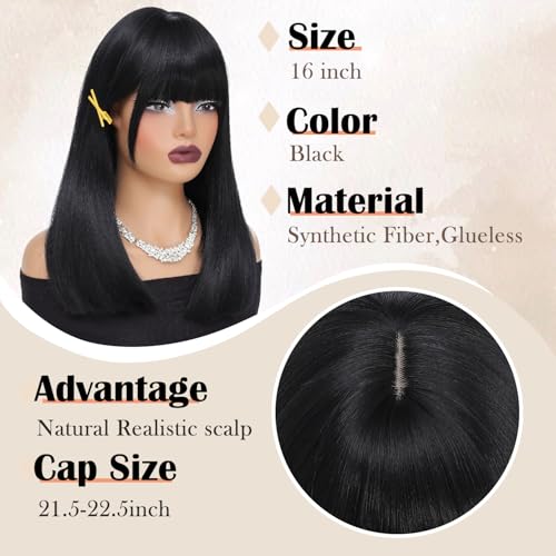 Black Short Straight Bob Wig with Bangs - 16 Inch Synthetic Hair for Women - Variation: Black