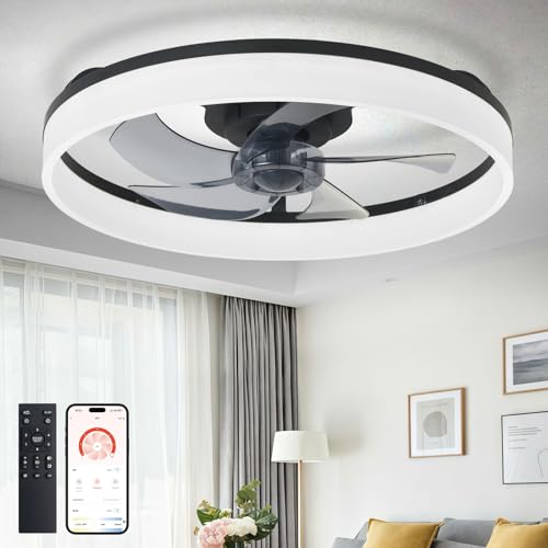 Black 20-Inch Bladeless Ceiling Fan with Light - Modern Flush Mount Fandelier with App & Remote