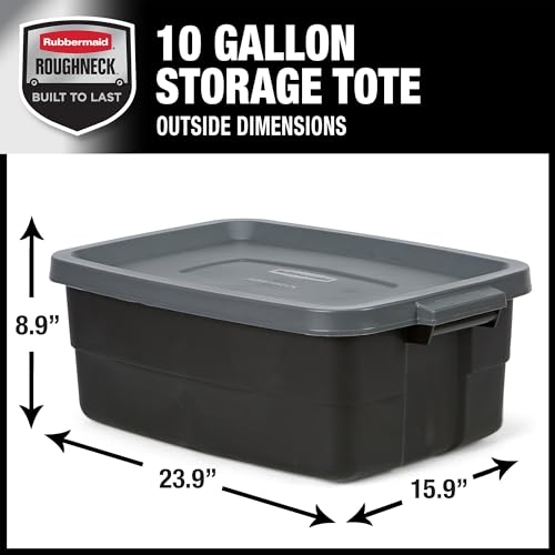 Rubbermaid 10 Gal 6 Pack Totes with Lids - Heavy Duty Stackable Storage Bins, Black/Gray