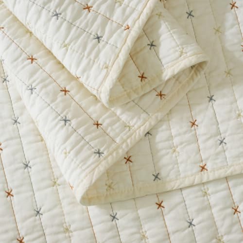Cream White Cross Stitch Quilt Set - 100% Cotton King Bedding with Pillow Shams