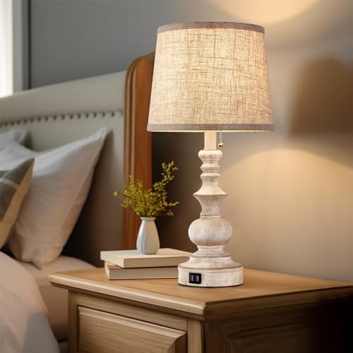22-Inch White Farmhouse Table Lamps Set of 2 with USB Charging Ports - Nightstand Side Lamps for Bedroom & Living Room