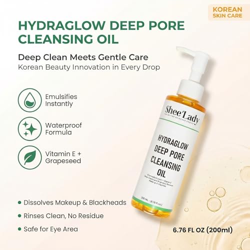 Shee'lady Hydraglow Deep Pore Cleansing Oil, limpiador facial en aceite ? Best Cleansing Oil for Face, Blackhead & Makeup Remover Korean Skin Care, 6.76 fl oz (200ml)