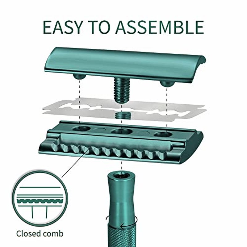 Bambaw Men Safety Razor with 5 Double Edge Safety Razor Blades, Single Blade Razor for Men & Women, Plastic Free Stainless Steel Razor - Sea Green