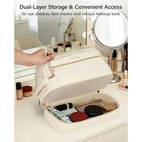 Hanke Travel Toiletry Bag, Lightweight Wide-open Makeup Bag, Dual-Layer Travel Bag for Toiletries Water-Resistant Cosmetic Bags Large Toiletry Bags for Women & Men, Travel Essentials, Off White