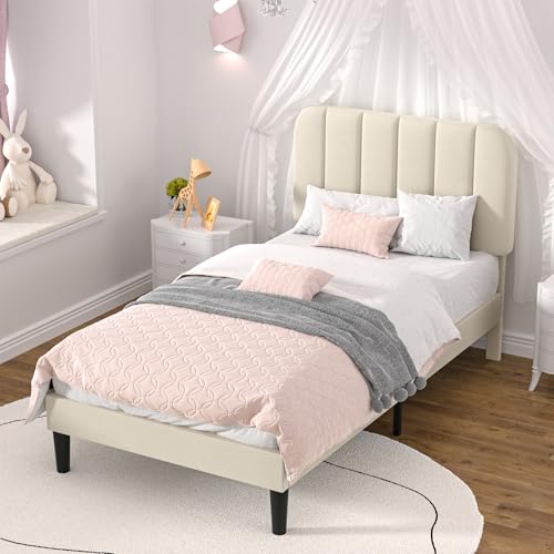 Twin Size Upholstered Bed Frame with Adjustable Headboard - Bone Beige