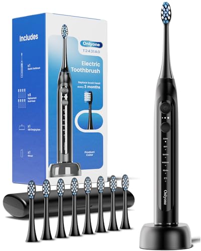 Onlyone Black Electric Toothbrush for Adults | 8 Brush Heads, Travel Case, 5 Modes