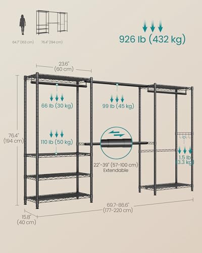 SONGMICS Adjustable Clothes Rack with Mesh Shelves and Hanging Rails - Ink Black
