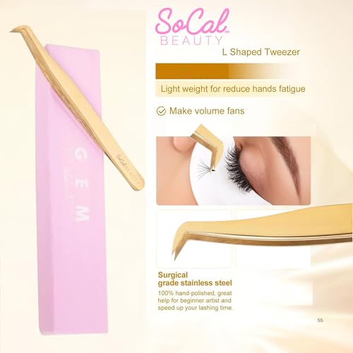 GEM Volume Boot Lash Tweezer by SoCal Beauty ? Gold Precision Eyelash Tweezer for Eyelash Extensions with mm Measurement ? Professional Tweezers for Eyelash Extension & Volume Fan