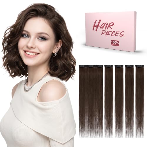Clip In Short Hair Extensions - Real Human Hair 14 Inch Dark Brown 2R - Easy Volume & Highlights