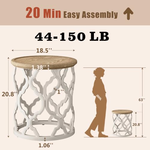 Farmhouse End Table with Tray - French Country Round Side Table Beige 18.5 In - Karlott