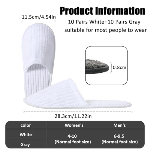 20 Pairs Non-Slip Disposable Slippers for Guests - White & Gray, Big Kid, Bulk Hotel & Spa Slippers with Pouch