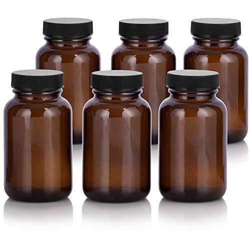 JUVITUS Amber 4 oz Glass Packer Bottle with Black Ribbed Lid (6 pack)