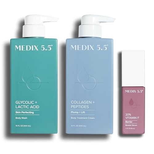 Medix 5.5 Glycolic Acid Body Wash + Collagen + Peptides Firming Body Cream + 20% Vitamin F Anti-Aging Booster Serum Set