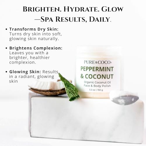 Peppermint Organic Coconut Oil Face and Body Polish - Non Toxic Body Exfoliator & Resurfacing Treatment - Smoothing Bump Eraser for KP & Strawberry Legs - Daily Hydrating Ritual for Sensitive Skin