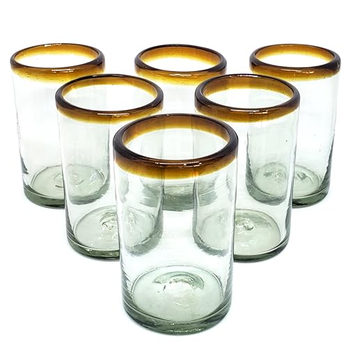 MexHandcraft Amber Rim 14 oz Drinking Glasses Set of 6 - Handblown Recycled Lead-Free Tumbler