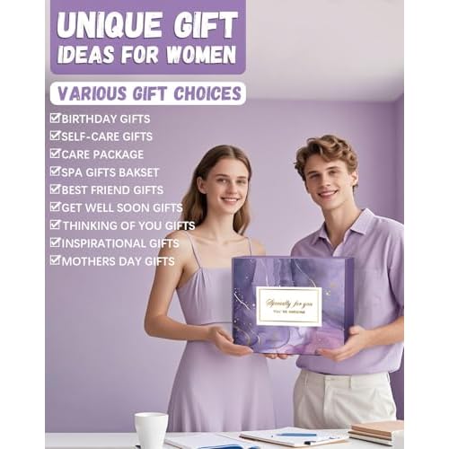 Spa Gift Baskets for Women - 12-Piece Self Care Kit with Soy Candle, Bath Salts, Purple Blanket, Insulated Tumbler, Eye Mask & More ? Unique Mothers Day, Birthday, or Get Well Soon Gifts for Women