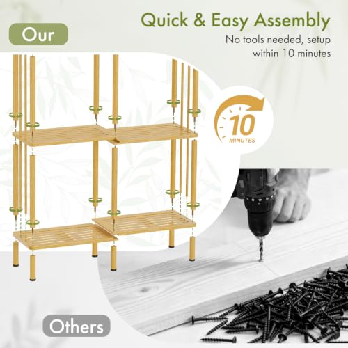 Natural 5-Tier Bamboo Book Shelf - Tall Wide Bookshelf with 10 Adjustable Shelves