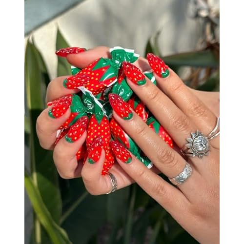 Handcrafted Press On Nails Creative 3D Full-Cover Strawberry Design Fun Fruit Shape 100% Handmade Realistic Artistic Fake Nails Gifts For Women (Strawberry, Medium M)