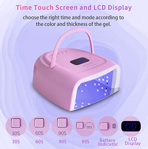 Ayshone 60W Rechargeable Cordless LED Gel Nail Lamp with Pink Handle, Auto Sensor, LCD, 4 Timer Settings