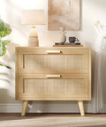 Keehusux 23.6-Inch Rattan Nightstand with Charging Station & Two Drawers