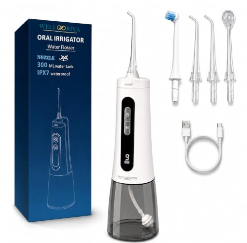 Wellooriya Water Dental Flosser White - 9 Pressure Levels, 300mL USB-C Portable Irrigator