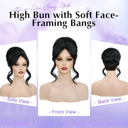 Black Messy Bun Hair Piece with Bangs 2-in-1 Updo Wig for Women