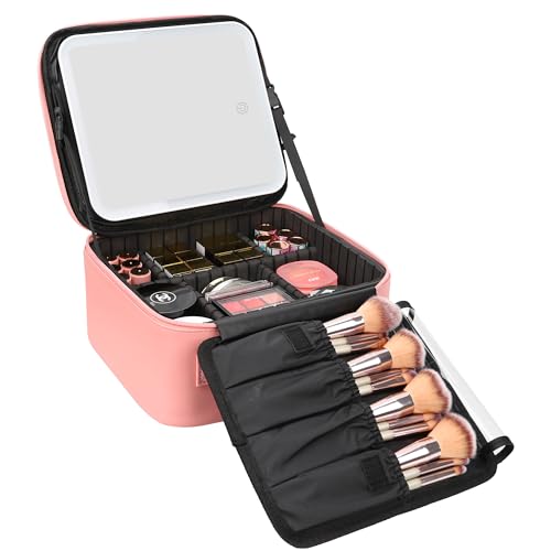 Relavel Pink Travel Makeup Bag with LED Mirror, Waterproof Organizer & Removable Dividers - Small