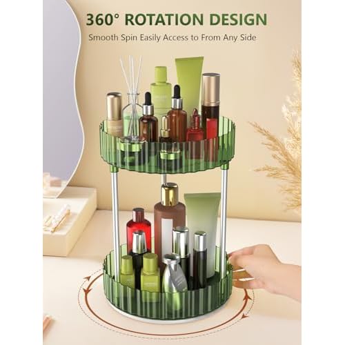 Makeup Organizer,360¡Æ Rotating Makeup Organizer,2-Tier Round Rotating Skincare Organizer Countertop,Fits Bedroom, Bathroom, Vanity Shelf Countertop(Green)