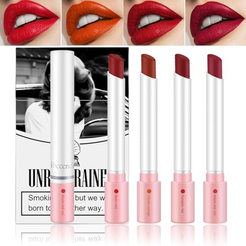 4 Colors Matte Lipstick Mini Little Tube Lip Stain, Velvet Lipstick Set, Red Moisturizer Smooth Lip Stick, Long Lasting 24 Hours Non-Sticky