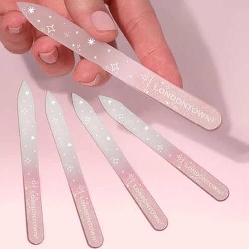 LONDONTOWN Pink Sparkle Double-Sided Glass Nail File & Care Tool, Professional Grit Etched Crystal Manicure Accessory with Case Pouch
