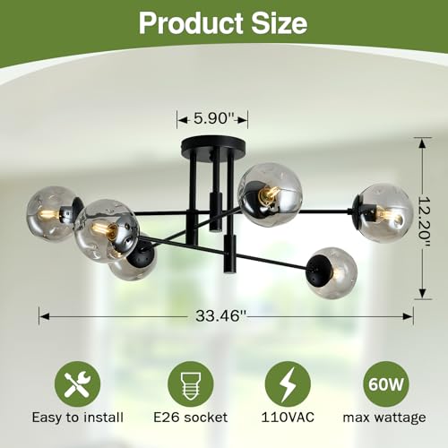 Black 6-Light Glass Globe Sputnik Ceiling Light Fixture Modern Farmhouse Chandelier