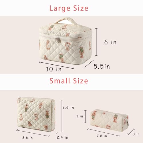 3 Pcs Quilted Cotton Makeup Pouch, Coquette Floral Quilted Toiletry Makeup Bag for Women and Girls, Aesthetic Travel Organized Cosmetic Bags(03Bear Pattern)