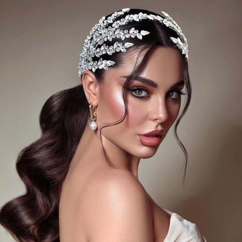 Mpoikba Silver Bridal Headband with Rhinestones, Wedding Hair Accessory for Brides