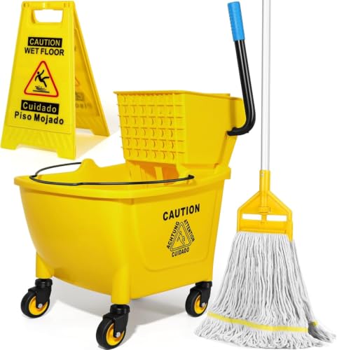 35 Qt Commercial Mop Bucket with Side Press Wringer - Yellow, Wheels