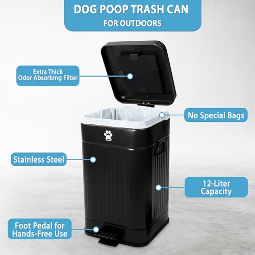 Nevink 12L Outdoor Dog Waste Trash Can with Lid, Odor Proof Foot Pedal, UV-Resistant Back Yard Waste Station (Black)