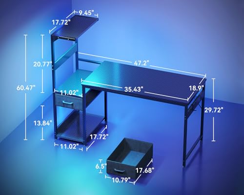 Casaottima 48'' Carbon Fiber Gaming Desk with RGB LED Lights & CPU Stand, Black