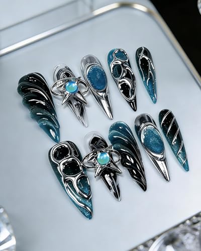 Long Stiletto Fake Nails with Blue Black Chrome & 3D Star Charm - Reusable Gothic Nail Tips (A036, S)