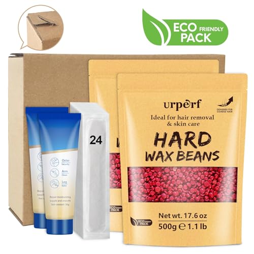 Hard Wax Beads for Coarse Hair, Sensitive Skin, Body, Facial, Brazilian Bikini, Legs, 2.2 lb Wax Kit with 60g Care Cream & 24 Applicator Sticks for At Home Hair Removal