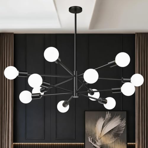 12-Light Matte Black Modern Sputnik Chandelier - Adjustable Height Ceiling Light Fixture