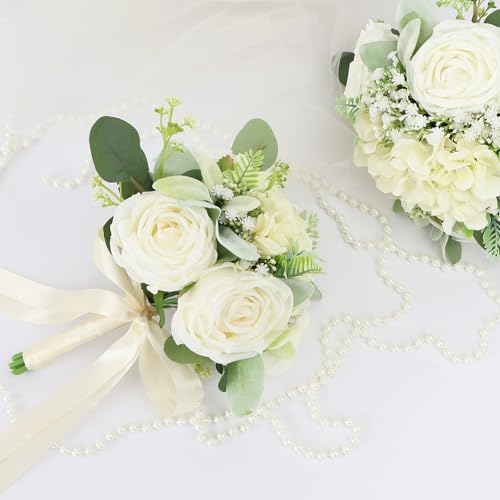 White-2 Set of 6 Bridesmaid Bouquets for Wedding - Ivory Silk Roses & Green Eucalyptus