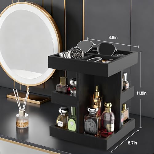 Cologne Organizer for Men Rotating Bathroom Counter Organizer, 3-Tier Solid Wood Storage Caddy, 360-Degree Rotating Stand, Burlywood (Black)