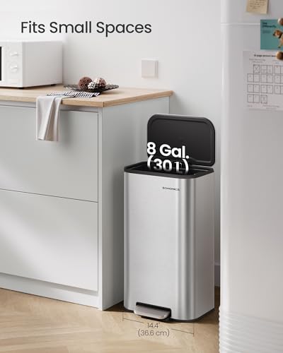 SONGMICS 8 Gallon Stainless Steel Trash Can Silver Soft Close Lid