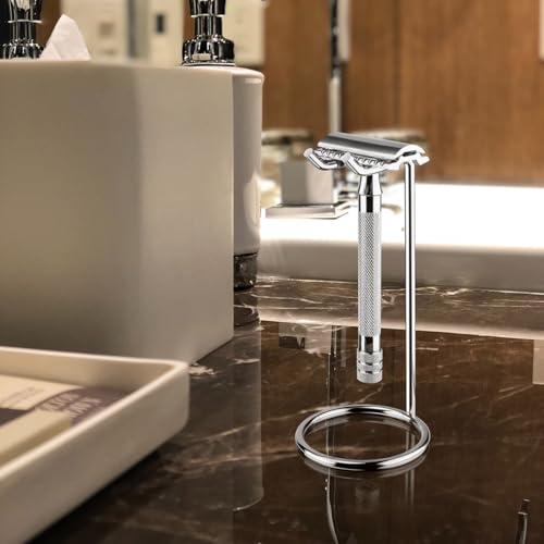 Linkidea Stainless Steel Safety Razor Stand, Shaving Stand, Travel Shaver Holder, Compatible with Long Handle Razor, Fusion 5, ProShield, Mach 3 (Silver/Polished Chrome)