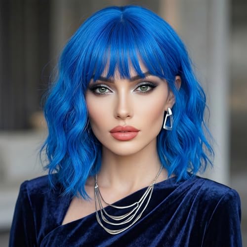 Light Blue Short Bob Wig with Bangs for Women - Wavy Synthetic Cosplay Hair