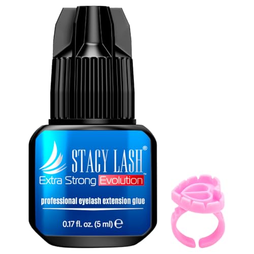STACY LASH Extra Strong Evolution Eyelash Extension Glue (0.17fl.oz / 5ml) / 0.5-1 Sec Dry/Retention ? 8 Weeks/Black Adhesive/Lash Tech Supplies + Glue Ring