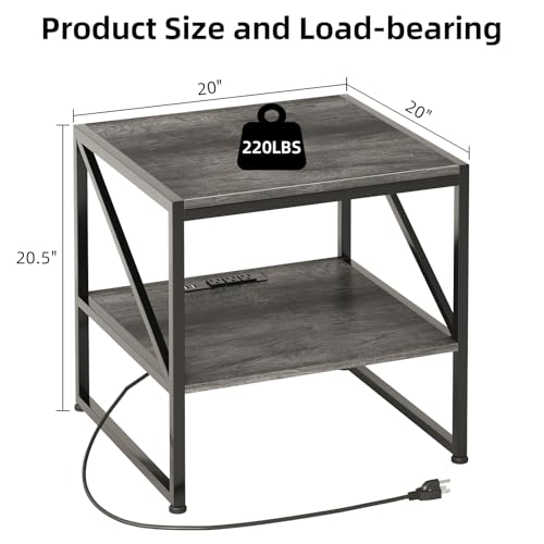 Mexin Square End Table with Charging Station 20in Printer Stand Grey Oak With USB