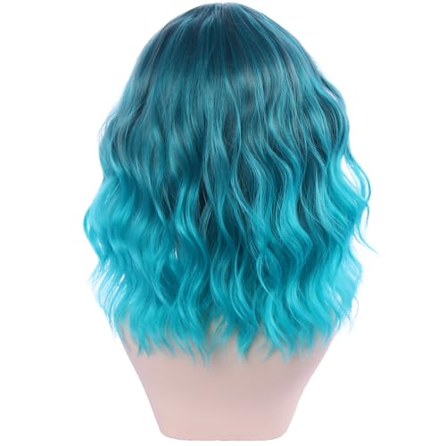 Women Short Curly Wavy Blue Ombre Wig - Mixed Blue, 13 Inch, Adjustable Cap