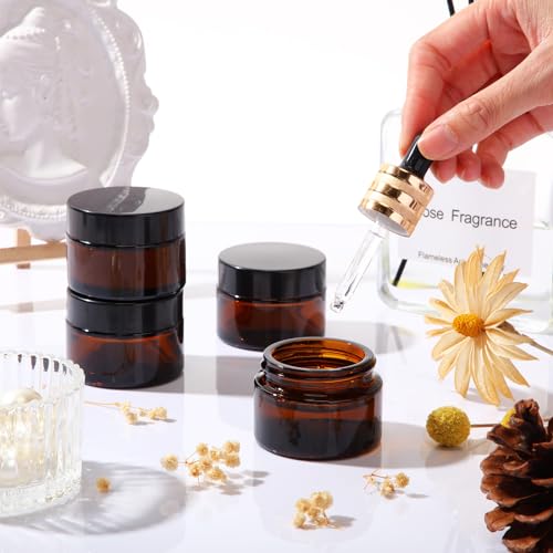 Glass Jars Bulk 60pcs 1oz with Amber & Black Plastic Lids - Travel & Storage